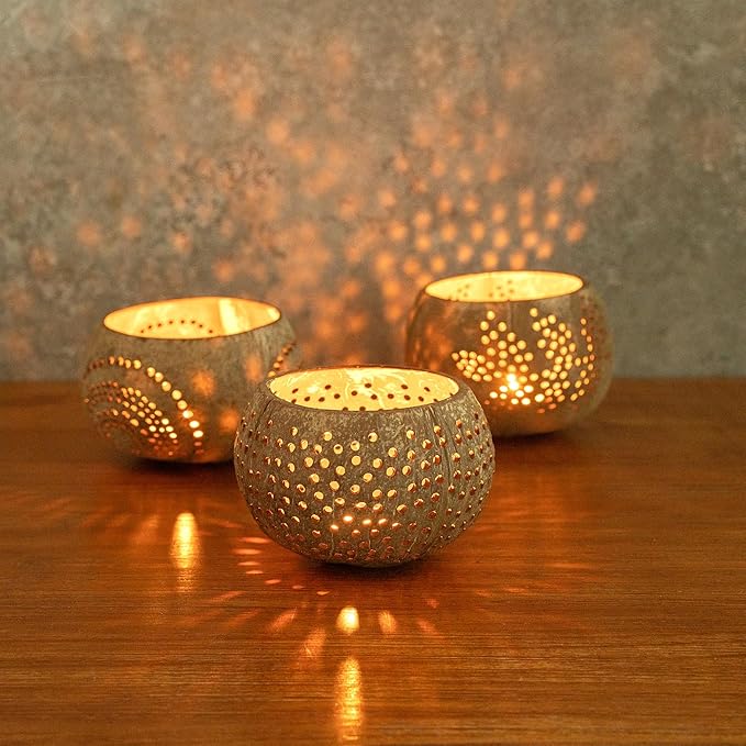 Restaurantware-Coco Casa 4 x 3.3 Inch Coconut Shell Candle Holders, 10 Reusable Tealight Holders - Candle Not Included, Dotted Pattern, Brown Coconut Bowls For Candles, Handcrafted,