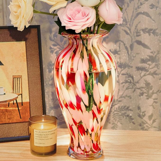 QFkris Hand Blown Glass Vase for Flowers, 12 Inch Tall Crystal Flower Vases for Bouquet Home Decor Decorative Centerpieces, Unique Galentines Day Gift, Valentine's Day Gift for Her Lover Girlfriend