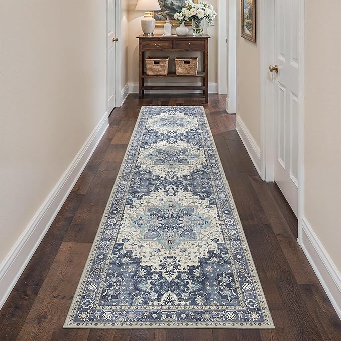 BESBLEE 2'6''x10 Runner Rugs for Hallway, Machine Washable Non Slip Vintage Rugs, Low Pile Lightweight Soft Print Rug for enrtyway, Corridor, Home Office, Kitchen, Center Blue