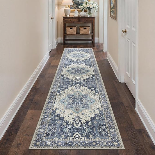 BESBLEE 2'6''x10 Runner Rugs for Hallway, Machine Washable Non Slip Vintage Rugs, Low Pile Lightweight Soft Print Rug for enrtyway, Corridor, Home Office, Kitchen, Center Blue