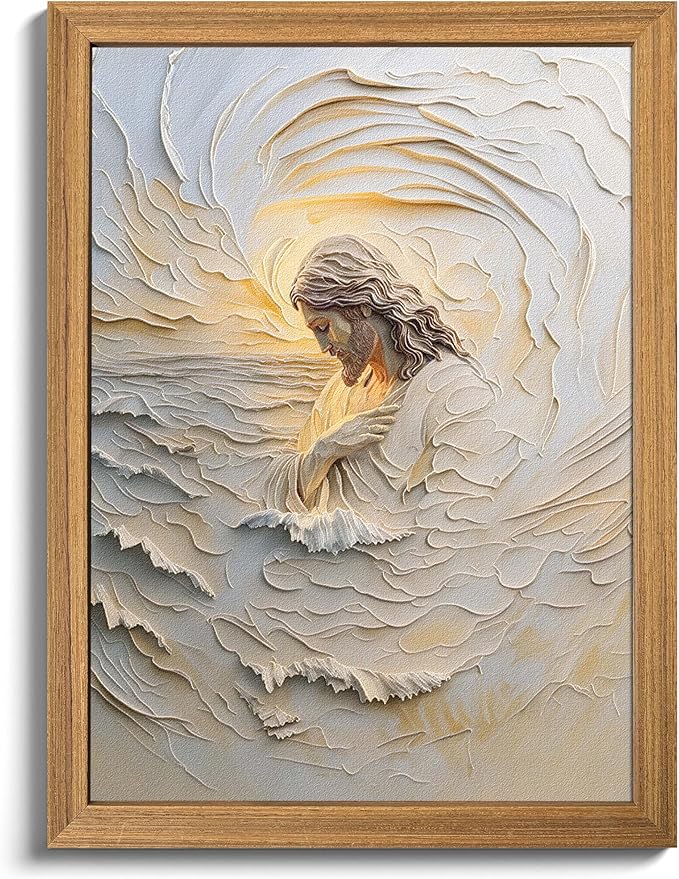 Framed 3D Textured Christian Jesus Canvas Wall Art, Jesus With Golden Halo Wall Decor Paintings, Religious Bible Posters Prints Pictures Artwork for Church Living Room Bedroom Home Decor 12x16 Inch