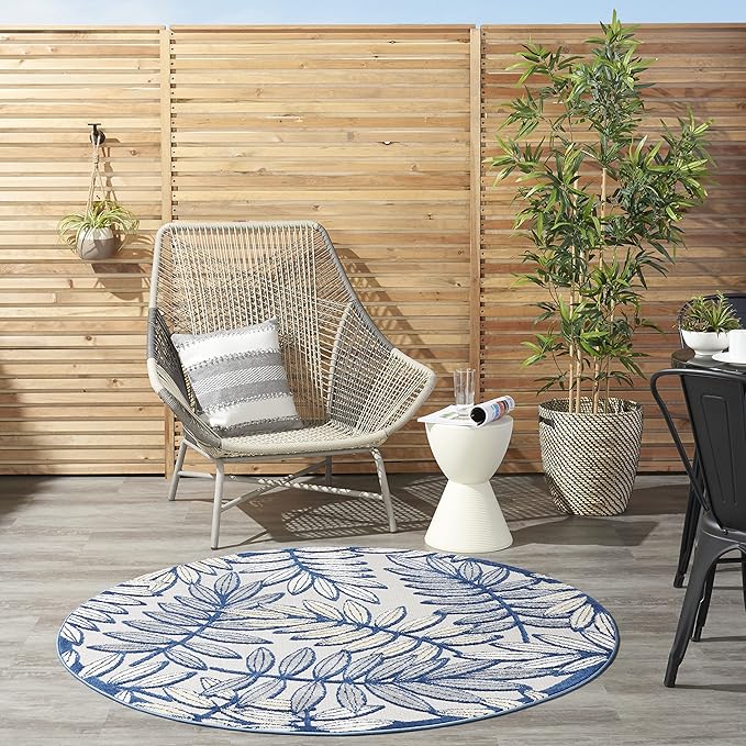 Nourison Home Aloha Ivory Navy 4' x Round Area Rug - Easy Clean, Non Shedding, Bed Room, Living Room, Dining Room, Kitchen (4' x Round)