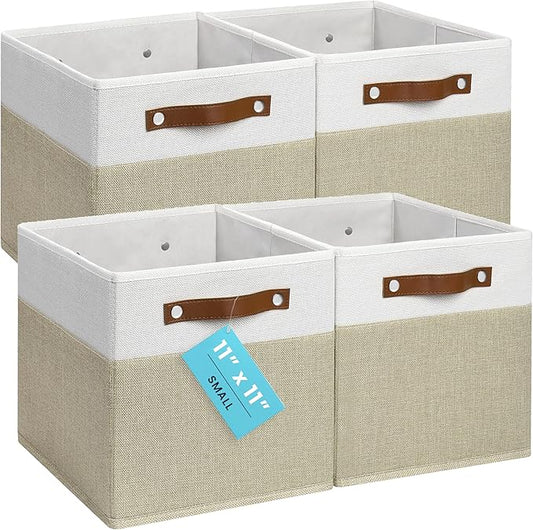 OrganiHaus 11" x 11" x 11" Fabric Cubes Storage Bins Set of 4, Foldable Collapsible Canvas Storage Bins for Organizer, Toy Organizer for Kallax, 11 Inch Linen Cube Shelf Baskets - Beige/White