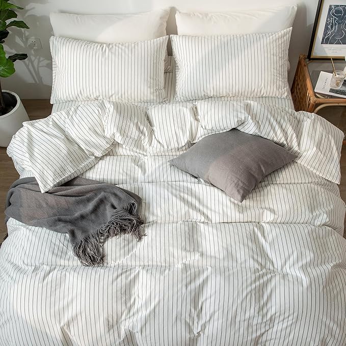 MooMee Striped Duvet Cover Set 100% Washed Cotton Linen Like Textured Breathable Durable Soft Comfy (White Dark Grey Wide Stripes, Super Queen 90"x98")