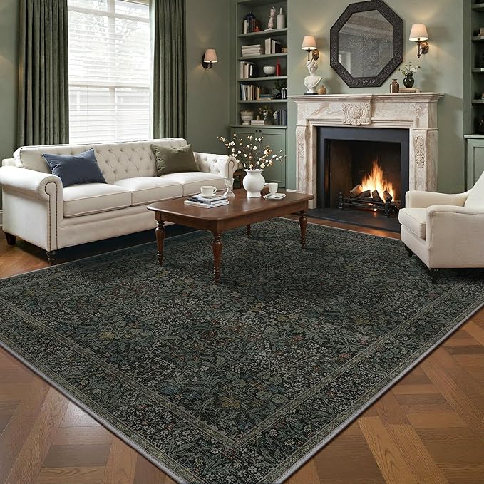 GENIMO 6x9 Area Rug for Living Room, Washable Vintage Floral Low-Pile Non-Slip Large Carpet for Bedroom Dining Room, Stain Resistant Botanical Indoor Rug (Charcoal Green)