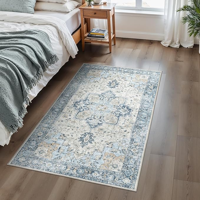 BESBLEE 3x5 Area Rugs for Living Room, Machine Washable Rug, Non Slip Vintage Rugs, Low Pile Lightweight Print Rug for Bedroom, Dining Room, Home Office, Blue