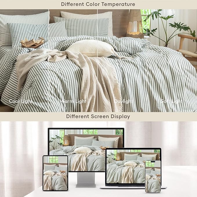 MooMee Striped Duvet Cover Set 100% Washed Cotton Linen Like Textured Breathable Durable Soft Comfy (Heathered Green Classic Stripes, Queen 90"x90")