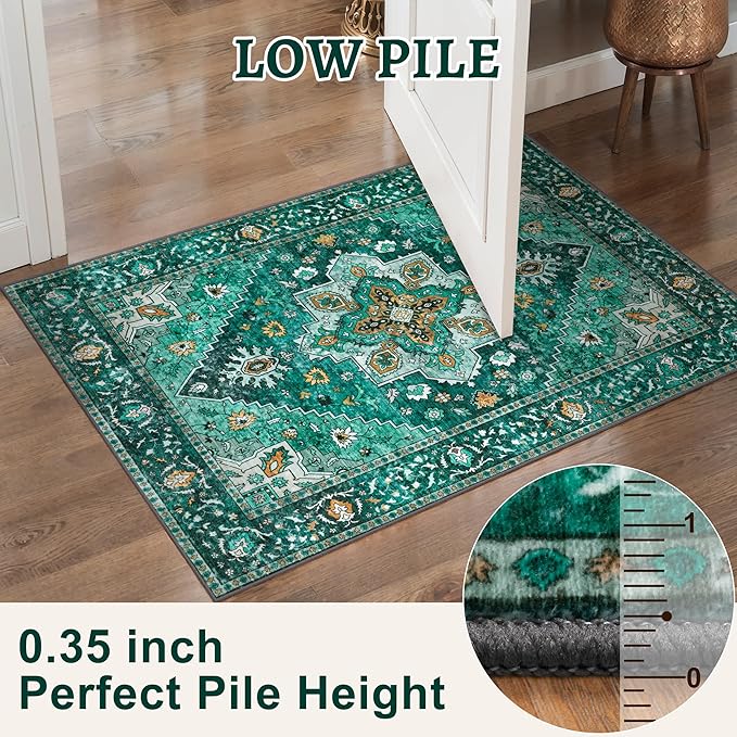 Vintage Rug 2x3 Washable Rug for Entryway, Non Slip Small Area Rug, Indoor Front Door, Print Distressed Emerald Door Mat Carpet, Soft Low Pile Rugs for Entrance Kitchen Bedroom Bathroom