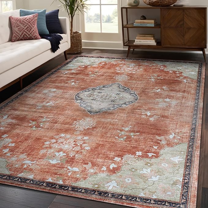 Beverly Rug Non Slip Rugs 4x6 Boho Medallion Floral Non Skid Rubber Backing Easy Silk Soft Area Rug for Living Room Easy to Clean Non Shedding Kitchen Bedroom Indoor Carpet (4 x 6 Orange - Cream)
