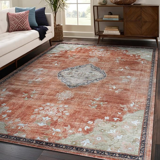 Beverly Rug Non Slip Rugs 5x7 Boho Medallion Floral Non Skid Rubber Backing Easy Silk Soft Area Rug for Living Room Easy to Clean Non Shedding Kitchen Bedroom Indoor Carpet (5 x 7 Orange - Cream)