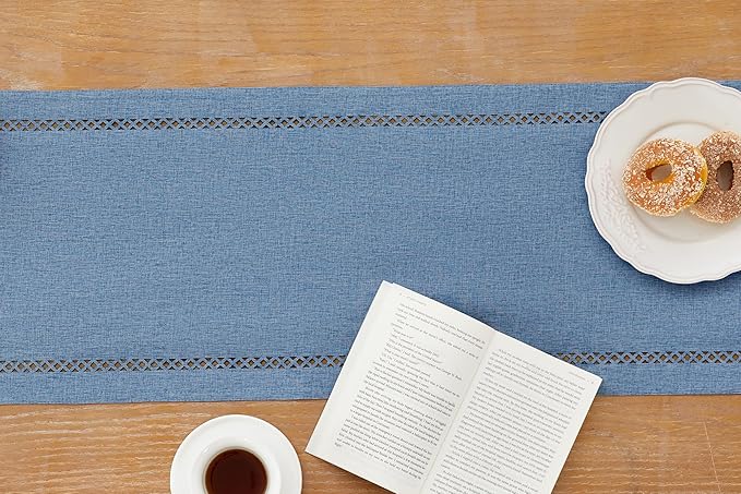 Burlap Style Farmhouse Table Runner, 13 x 108 Inch Blue, Rustic Geometric Hollow Table Runners 108 Inches Long for Dresser Table Everyday Use, 13x108 Inches, Blue