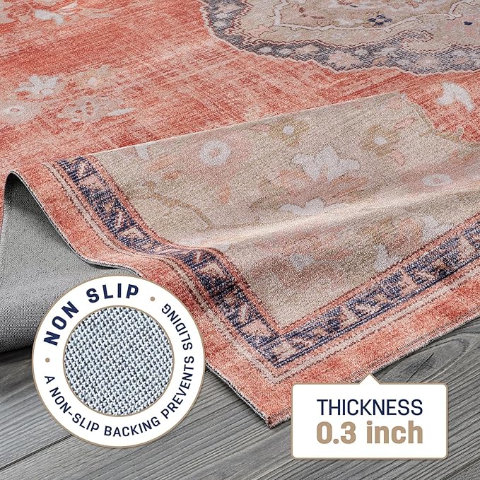 Beverly Rug Non Slip Rugs 4x6 Boho Medallion Floral Non Skid Rubber Backing Easy Silk Soft Area Rug for Living Room Easy to Clean Non Shedding Kitchen Bedroom Indoor Carpet (4 x 6 Orange - Cream)