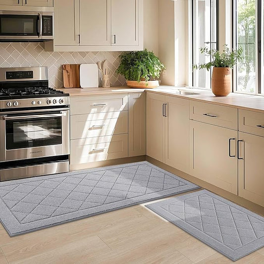 JSEI Non-Slip Kitchen Rugs, Self Adhesive No Sliding Kitchen Mats Set of 2, Soft Washable Absorbent Floor Mat for Kitchen, Bathroom, Laundry Room, Bedroom, 24”x36”+24”x60”, Light Grey, Diamond Pattern