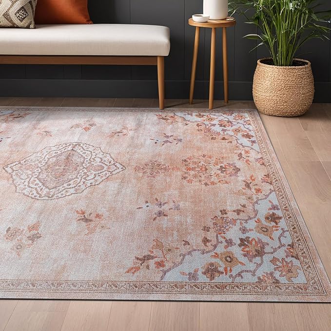 Beverly Rug Non Slip Rugs 6x9 Boho Medallion Floral Non Skid Rubber Backing Easy Silk Soft Area Rug for Living Room Easy to Clean Non Shedding Kitchen Bedroom Indoor Carpet (6 x 9 Pink - Aqua)