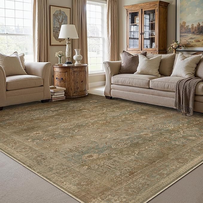 PureCozy Vintage Area Rug 8x10 Washable Brown Living Room Carpet Large Indoor Non Slip Bedroom Low Pile Kitchen Distressed Retro Accent Throw Rug for Dining Room