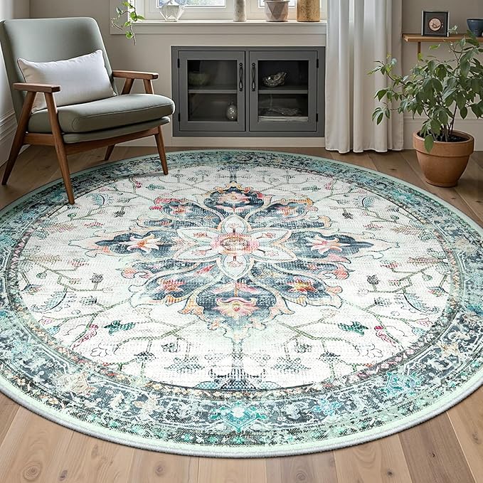 RELEANY Area Rugs 5ft Washable Non-Slip, Floral Vintage Distress Print Pattern Medallion Carpet for Living Room Bedroom Dining Room, Green Navy Blue White Red Teal Colorful