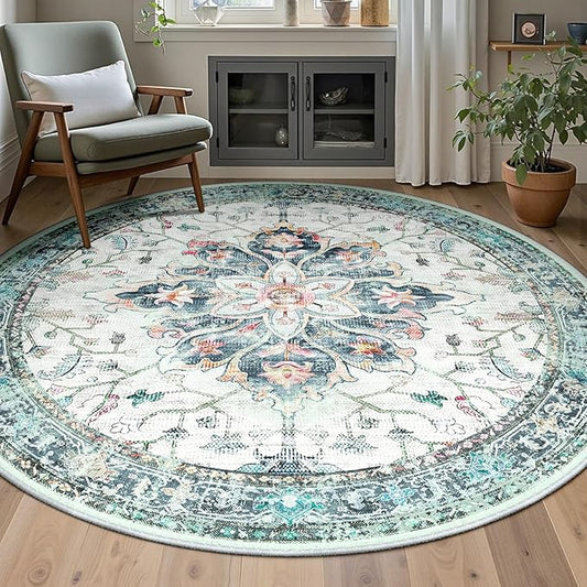 RELEANY Area Rugs 5ft Washable Non-Slip, Floral Vintage Distress Print Pattern Medallion Carpet for Living Room Bedroom Dining Room, Green Navy Blue White Red Teal Colorful