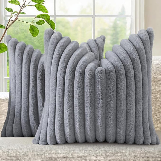 decorUhome Faux Fur Spring Throw Pillow Covers 16x16 Set of 2, Decorative Soft Plush Striped Neutral Couch Pillow Covers with Velvet Back for Sofa, Bed, Living Room Home, Grey