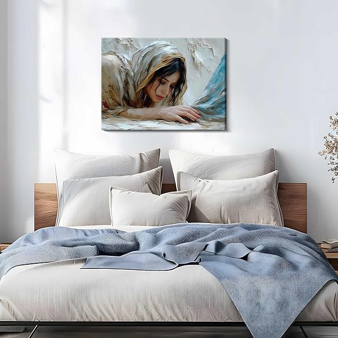 Christian Jesus Girl Canvas Wall Art, Jesus and Woman Wall Decor Paintings, Religion Bible Posters Prints Pictures Artwork for Church Living Room Bedroom Home Decor 16x24 Inch Framed