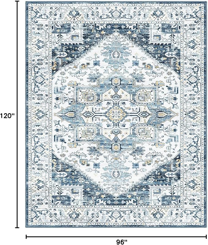 Fortsea 8x10 Area Rugs for Living Room, Machine Washable Non Slip Vintage Retro Rugs, Low Pile Lightweigt Chenille Print Indoor Rug for Bedroom, Dining Room, Home Office (Blue Gold Cream 8X10)…