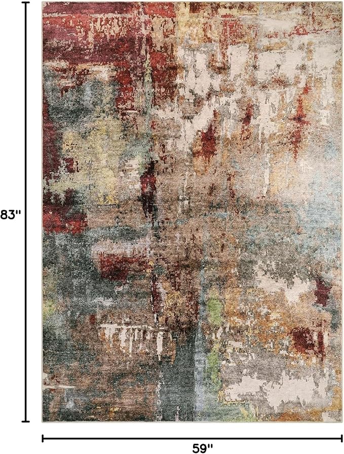 Lahome Modern Abstract 5x7 Area Rugs for Living Room, Washable Bedroom Rug Soft Non Slip Low Pile, Faux Wool Contemporary Carpet for Indoor Floor Decor Home Office Dining Room,Red/Multi