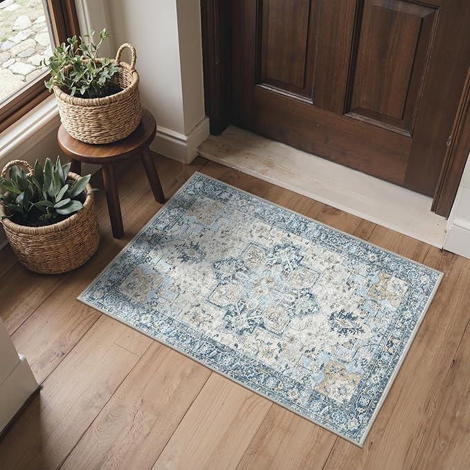 BESBLEE Area Rug 2x3 Doormat, Machine Washable Low Pile Vintage Rugs, Small Lightweight Rug Entryway Indoor Mat for Entrance, Hallway, Kitchen and Corridor, Blue