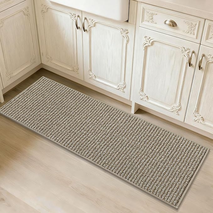 JSEI Kitchen Runner Rugs, 17''x48'' Non-Slip Kitchen Mats for Floor, Machine Washable Absorbent and Stain Resistant Kitchen Rug, Carpet Mats with TPR Backing for Kitchen, Beige