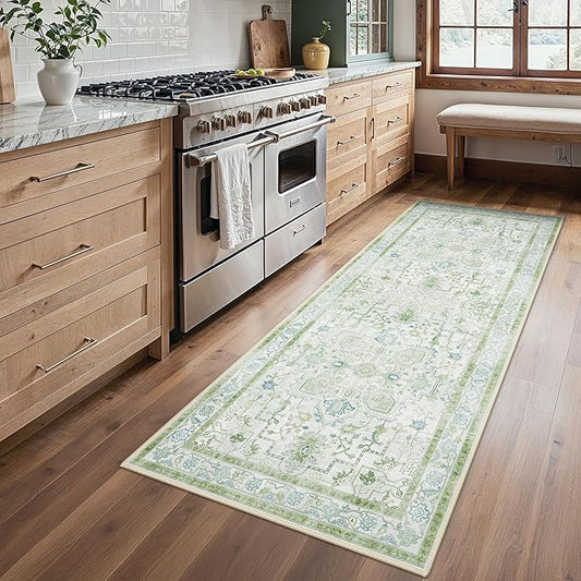 BESBLEE Runner Rug 2'6''x6 Non Slip Machine Washable Vintage Hallway Runner Rug, Low PileLight Weight Rugs for Entryway, Hallway, Kitchen and Corridor, Cream Green