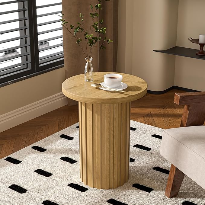 Farmhouse Pedestal End Table Round Side Table with Fluted Panel Rustic Drink Table for Small Space Living Room (Wood Color)