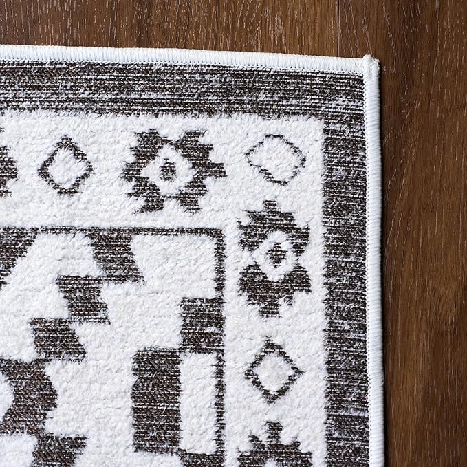 RAMEFILD Moroccan Washable Entryway Rug 2x3, Geometric Decorative Woven Area Rug, Non-Slip Boho Accent Soft Low-Pile Indoor Door Mat, Small Throw Rug for Bathroom Front Porch, Dark Brown/White