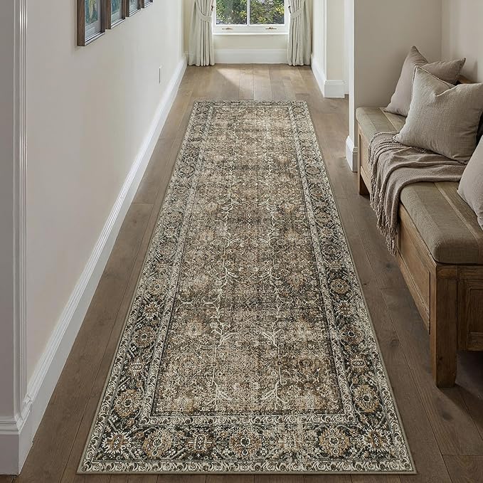 PureCozy Brown Runner Rug 2'6"x16' Vintage Area Carpet Hallway Long Indoor Kitchen Washable Living Room Low Pile Traditional Distressed Retro Accent Rug Non Slip Laundry Bathroom Office Dining Room