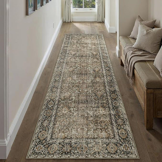 PureCozy Brown Runner Rug 2'6"x16' Vintage Area Carpet Hallway Long Indoor Kitchen Washable Living Room Low Pile Traditional Distressed Retro Accent Rug Non Slip Laundry Bathroom Office Dining Room