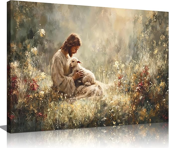 Jesus and Lamb Canvas Wall Art Jesus Holding The Lost Lamb Wall Decor Good Shepherd Poster God Leaves the 99 Sheep Pictures Christian Religious Painting for Living Room Church Prayer Room 16x12in