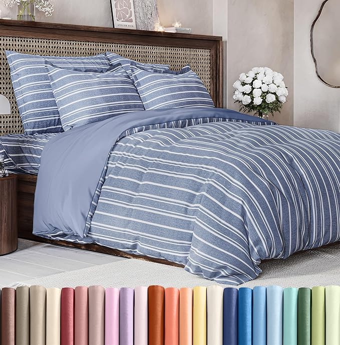 Duvet Cover King Size Set - Extra Soft King Size Duvet Cover 104 x 90 with 2 Pillow Shams - Hotel Luxury Easy Care and Fade Free w/Zipper Closures & Ties - Comfy Breathable Bedding Set (Blue Stripes)