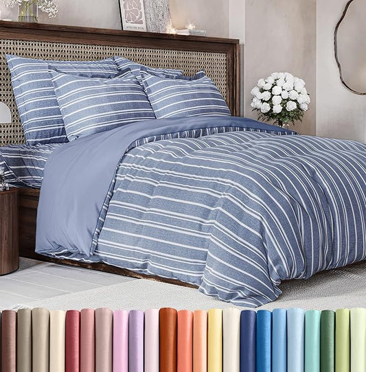 Duvet Cover Cal King Size Set - Extra Soft Cal King Size Duvet Cover 104 x 98 with 2 Pillow Shams - Hotel Luxury and Fade Free w/Zipper Closures & Ties - Comfy Breathable Bedding Set (Blue Stripes)