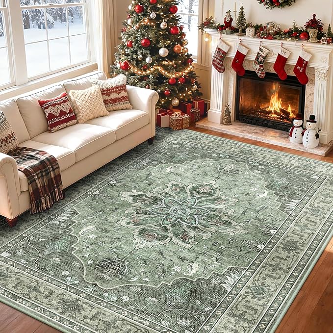RELEANY Area Rugs 6'x9' Washable Non-Slip, Floral Vintage Distress Print Pattern Medallion Carpet for Living Room Bedroom Dining Room, Dark Green Gray