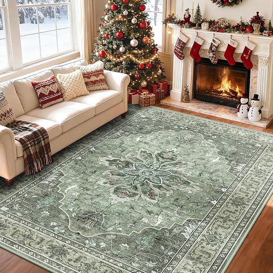 RELEANY Area Rugs 6'x9' Washable Non-Slip, Floral Vintage Distress Print Pattern Medallion Carpet for Living Room Bedroom Dining Room, Dark Green Gray