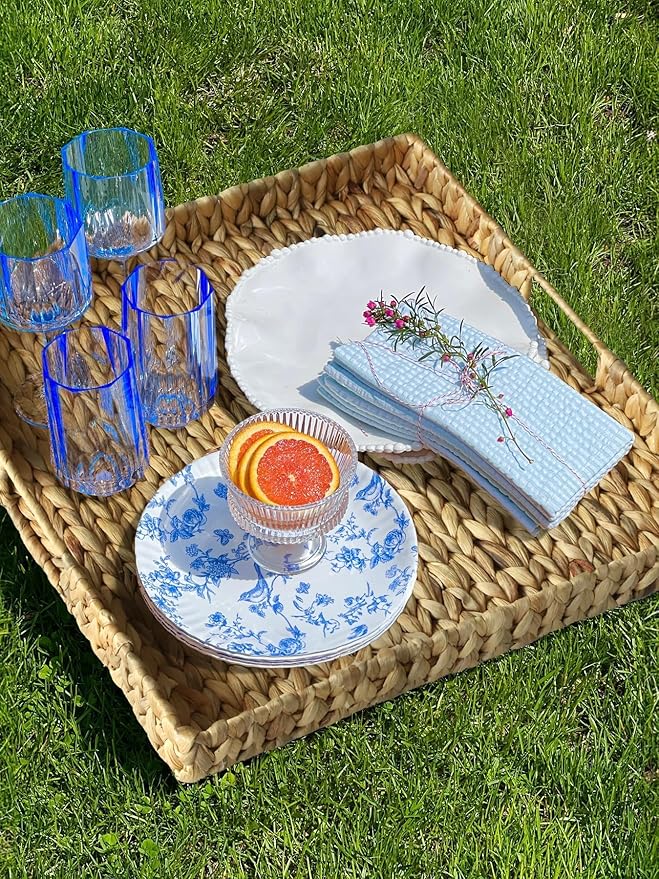 Extra Large Square Ottoman Table Tray 19.7" with Handles - Handmade Wicker Serving Hand Woven Tray for Farmhouse Decorative Oversized Coffee Table Trays Living Room Kitchen Counter Breakfast
