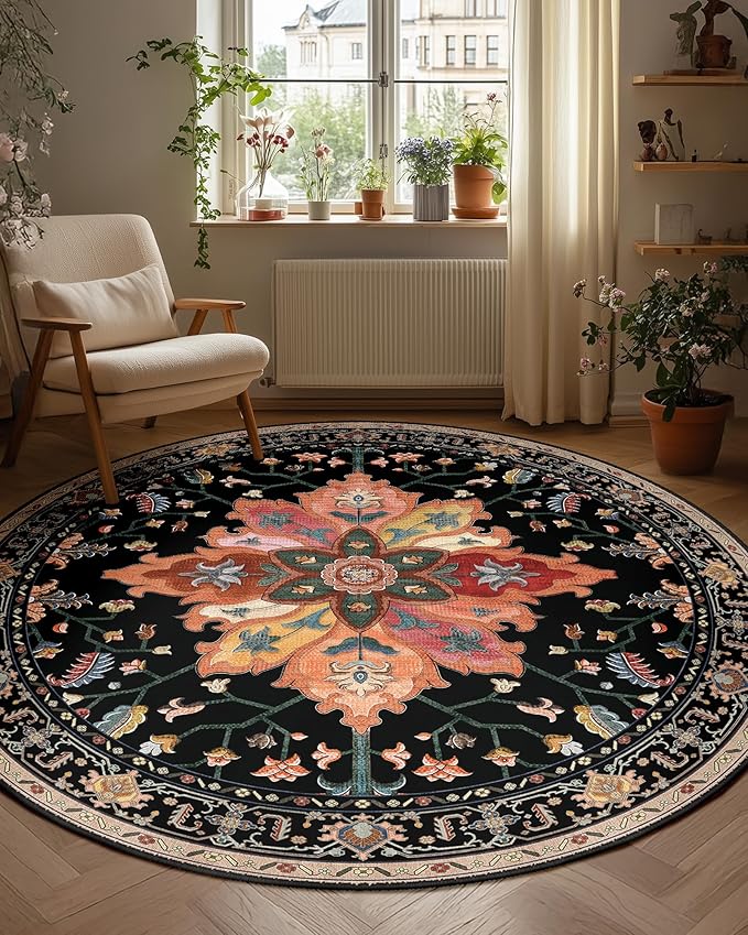 RELEANY Area Rugs 6ft Washable Non-Slip, Floral Vintage Distress Print Pattern Medallion Carpet for Living Room Bedroom Dining Room, Black Colorful Floral Dark Tan