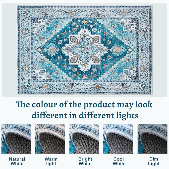 Tangsoo Blue 4x6 Area Rug, Vintage Washable Non Slip Indoor Rugs, Oriental Machine Washable Rug Carpet, Soft Low Pile Foldable Floor Rugs for Dining Room Bedroom Living Room Home Decor