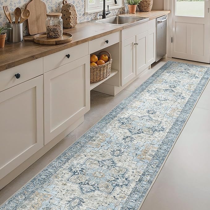 BESBLEE Runner Rug 2'6''x14, Non Slip Vintage Machine Washable Hallway Runner Rugs, Low Pile Lightweight Mat for Hallway, Entryway, Bedroom, Kitchen and Corridor, Blue