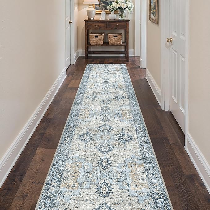 BESBLEE Runner Rug 2'6''x12, Non Slip Vintage Machine Washable Hallway Runner Rugs, Low Pile Lightweight Mat for Hallway, Entryway, Bedroom, Kitchen and Corridor, Blue