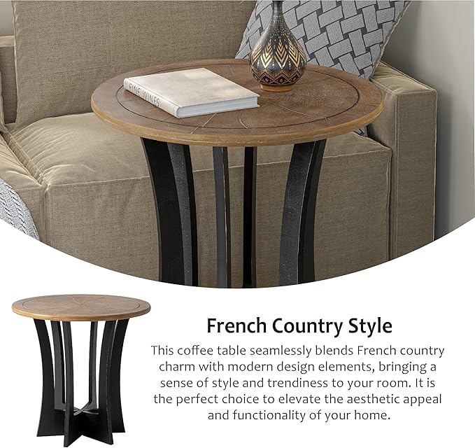 COZAYH Farmhouse Round End Table with Criss-Cross Wood Legs, Rustic French Country Side Table for Dinning or Living Room, Modern, Black, Natural Wood