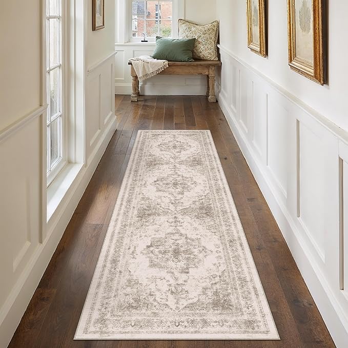 PureCozy Runner Rug 2x7 Beige Hallway Washable Carpet Non Slip Vintage Medallion Carpet Low Pile Soft Distressed Retro Indoor Long Rug for Entryway Kitchen Bathroom Laundry Bedroom