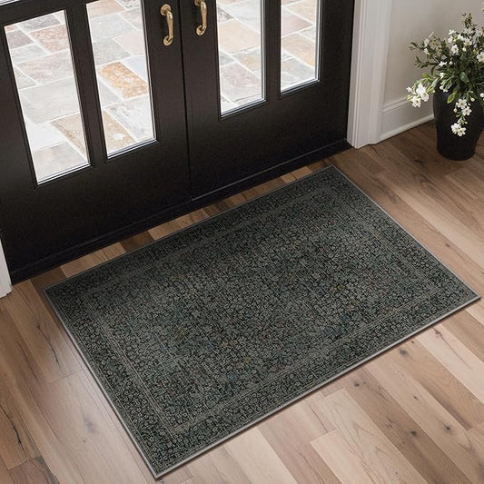 GENIMO 2x3 Indoor Doormat, Washable Non-Slip Vintage Floral Low Pile Door Mat for Entryway Front Door Kitchen Bathroom, Stain Resistant Small Throw Rug Runner (Charcoal Green)