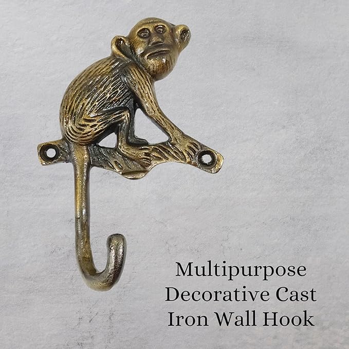 Set of 3 Cast Iron Monkey Shape Coat Hooks Wall Art Decor-Monkey Shape Hangers and Key Holder-Clothes Rack and Backpack Hanger-Coat Hooks Home Decor for Storage,Living Room (Antique Finish)