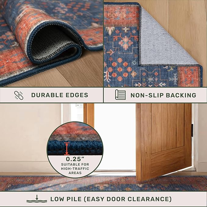 Washable 10 ft Long Runner for Kitchen Floor - Navy Blue Hallway Runner Rug, Pet Friendly Waterproof Non Slip with Rubber Backing, Stain Resistant Laundry Room Rug (3x10 Navy Blue & Terracotta)
