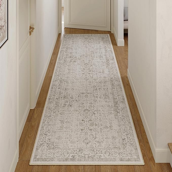PureCozy Gray Runner Rug 3x7 Hallway Machine Washable Kitchen Vintage Distressed Non Slip Long Carpet Indoor Grey Retro Floral Bedroom Accent Throw Rug for Bathroom Office Laundry Dining Living Room