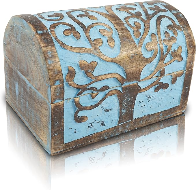 Great Birthday Gift Ideas Handmade Decorative Wooden Jewelry Box With Tree of Life Carvings Jewelry Organizer Keepsake Box Treasure Chest Trinket Holder Watch Box Storage Lock Box (Blue Wash Finish)
