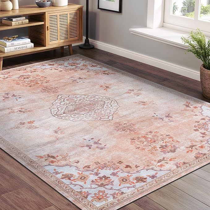Beverly Rug Non Slip Rugs 6x9 Boho Medallion Floral Non Skid Rubber Backing Easy Silk Soft Area Rug for Living Room Easy to Clean Non Shedding Kitchen Bedroom Indoor Carpet (6 x 9 Pink - Aqua)